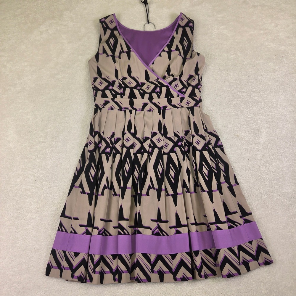Geometric Ikat Print Pleated Fit and Flare Sleeveless V-Neck Dress Purple Taupe